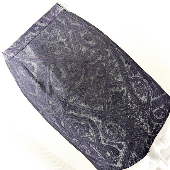 WORTH! ORNATE FLOURISH PURPLE, BLACK LACY SILVER SHIMMER PENCIL CUT SKIRT! SZ 10 - Picture 8 of 8